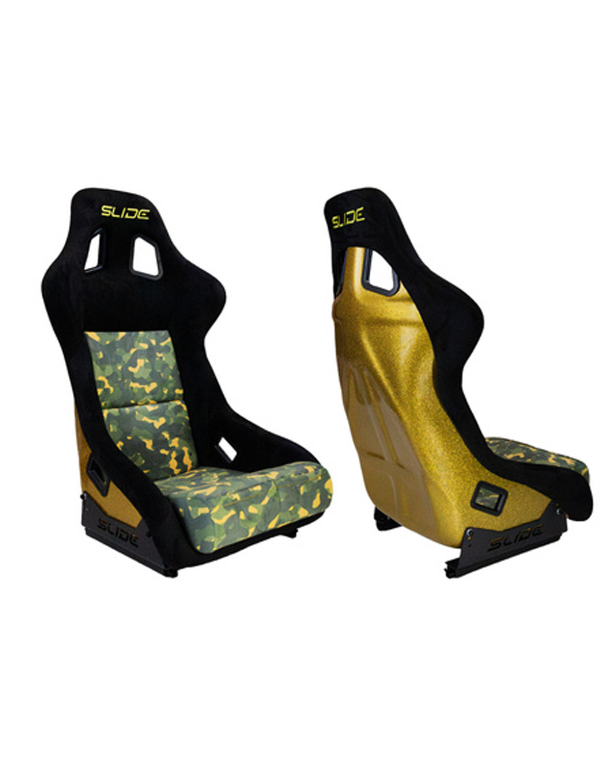 SLIDE - RACING SEAT KS2 Premium Camuflage Dark Green Welur & Yellow Glitter
